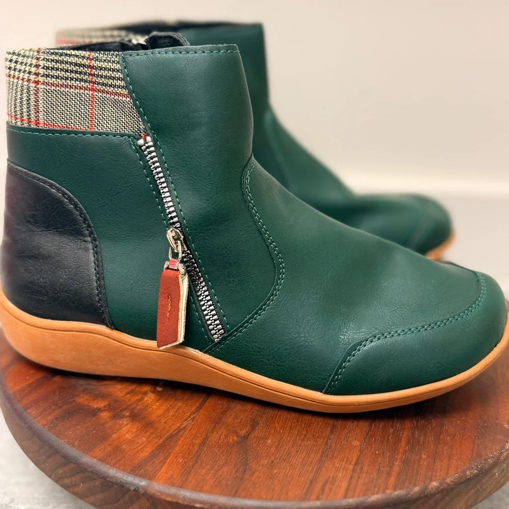 Green Black‎ Plaid Trim Faux Leather Ankle Boots Flat Side Zip Booties